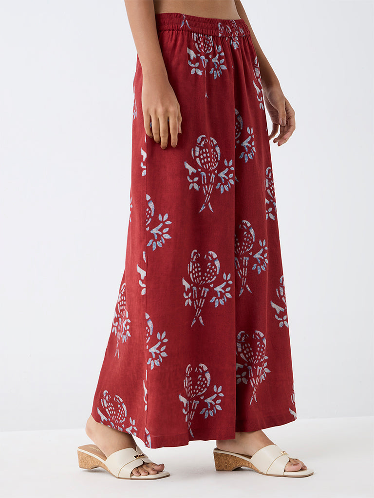Utsa Red Bird Printed Flared Palazzos