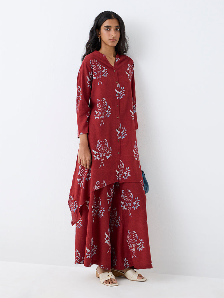 Utsa Red Bird Printed Flared Palazzos