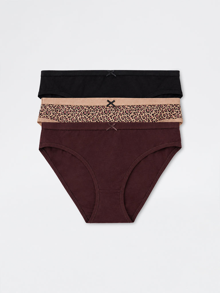 Wunderlove Black Printed Cotton-Blend Bikini Briefs - Pack of 3