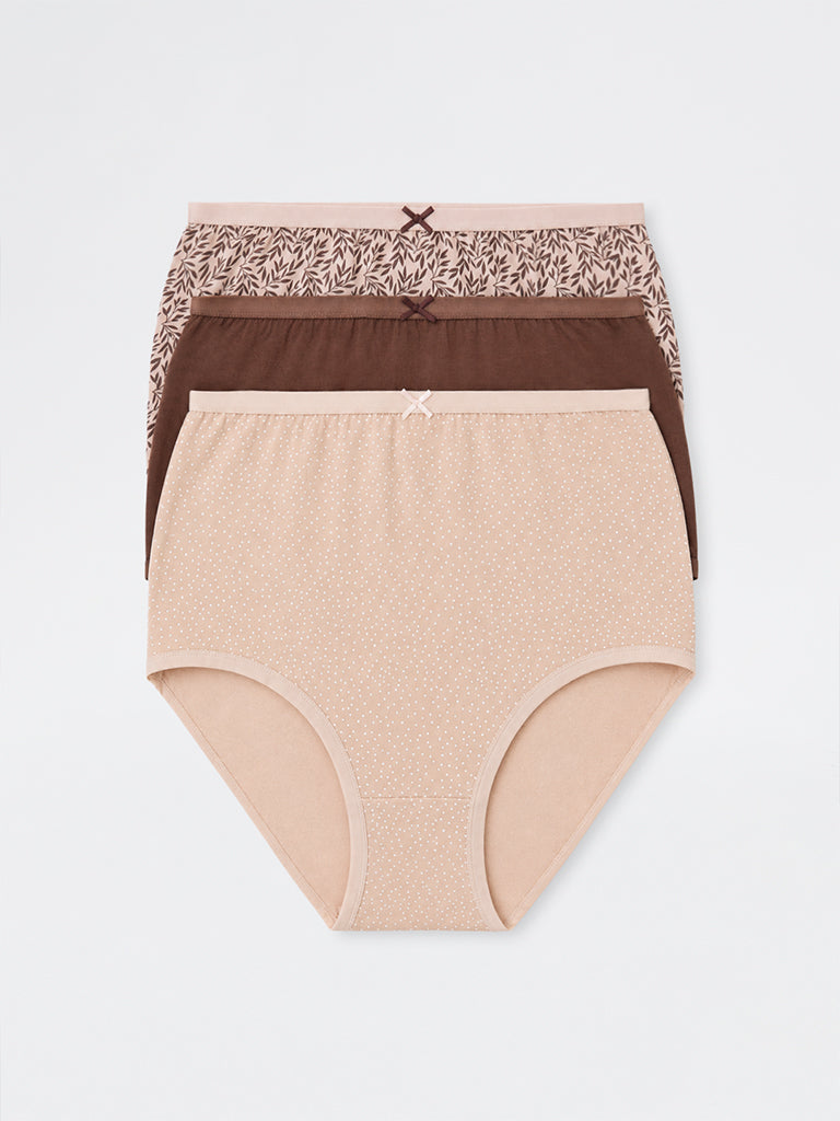 Wunderlove Light Beige Botanical Printed Cotton-Blend Full Briefs - Pack of 3