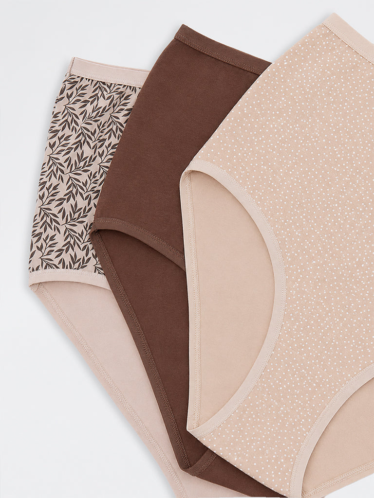 Wunderlove Light Beige Botanical Printed Cotton-Blend Full Briefs - Pack of 3