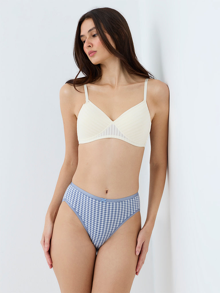 Wunderlove Blue Checkered Cotton-Blend Bikini Briefs - Pack of 3