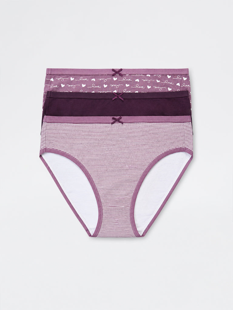 Wunderlove Violet Striped Cotton-Blend Hi-Leg Briefs - Pack of 3