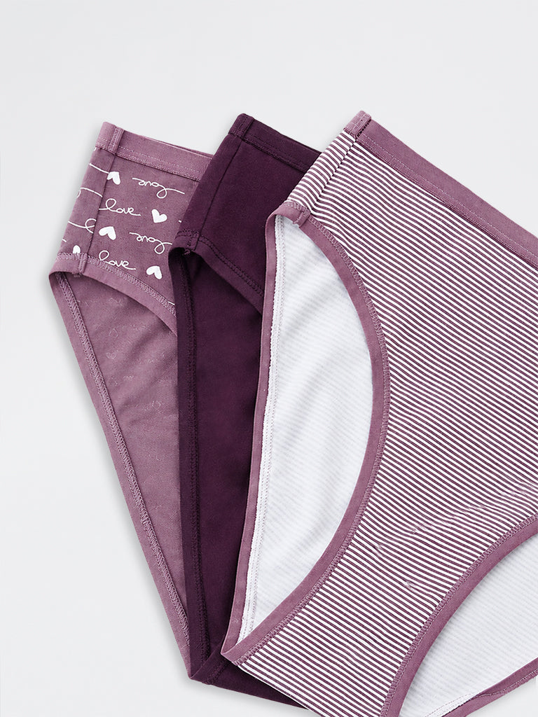Wunderlove Violet Striped Cotton-Blend Hi-Leg Briefs - Pack of 3