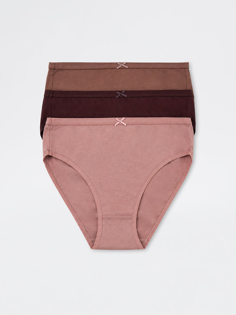 Wunderlove Dark Brown Solid Cotton-Blend Hi-Leg Briefs - Pack of 3