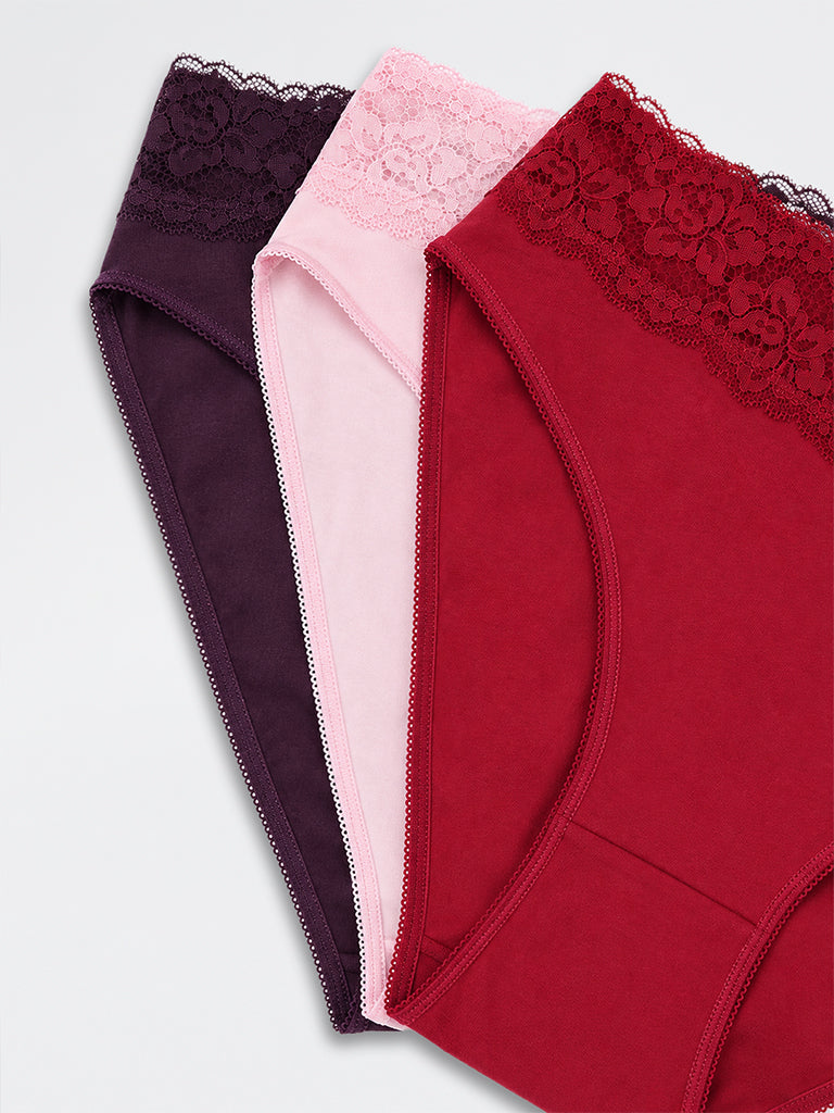 Wunderlove Dark Plum Lace-Detail Cotton-Blend Hi-Leg Briefs - Pack of 3