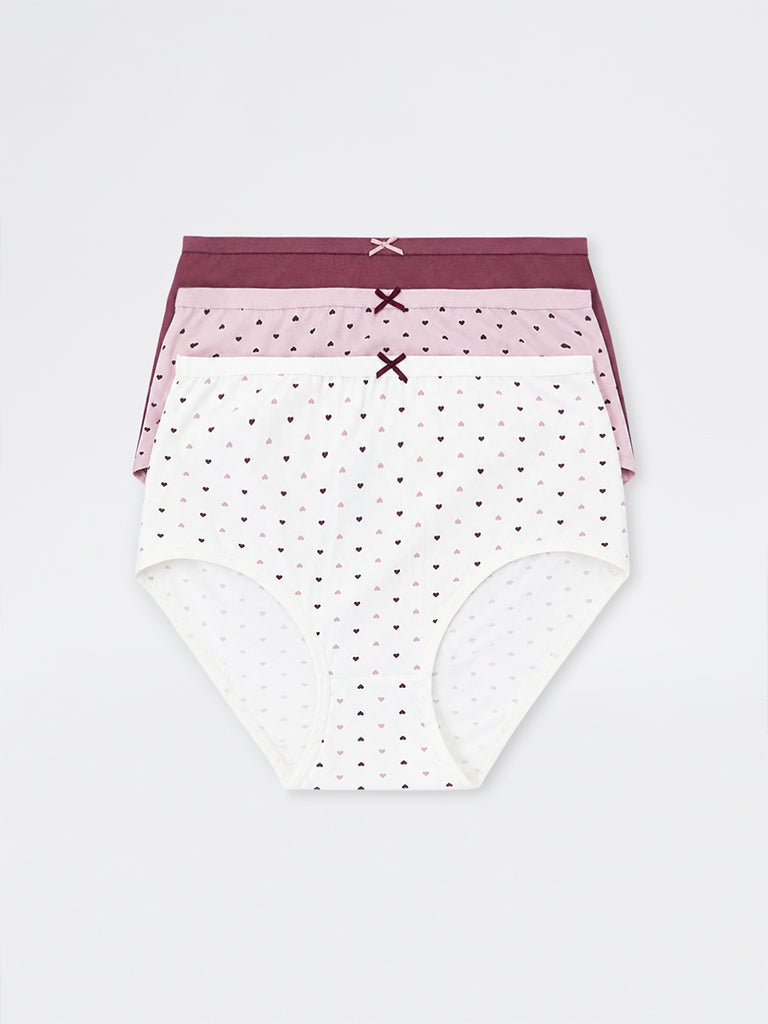 Wunderlove White Heart Printed Cotton-Blend High-Rise Briefs - Pack of 3