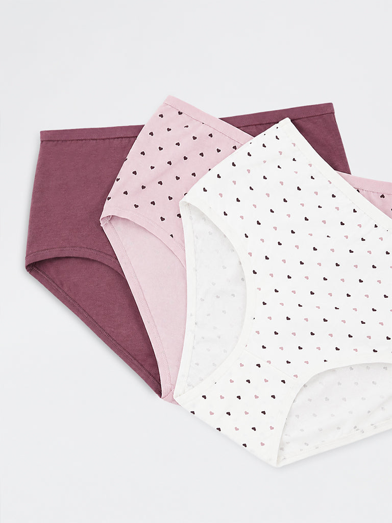 Wunderlove White Heart Printed Cotton-Blend High-Rise Briefs - Pack of 3