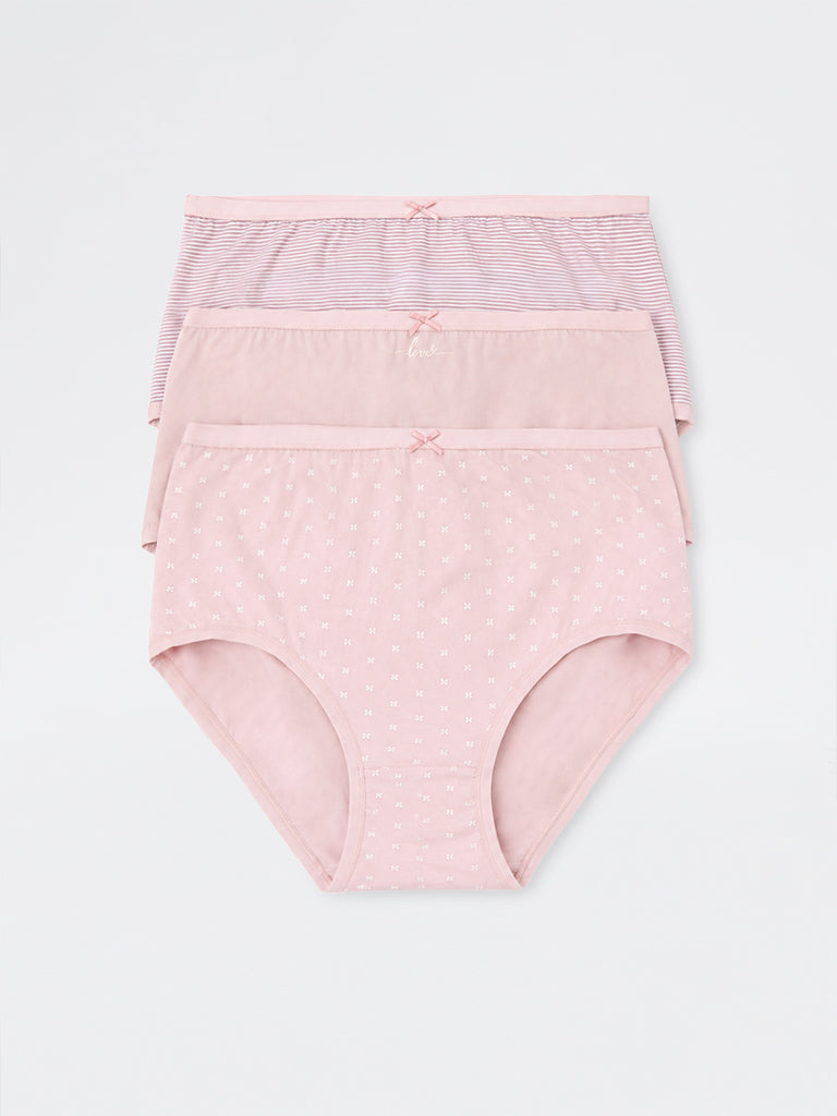 Wunderlove Pink Striped Cotton-Blend High-Rise Briefs - Pack of 3