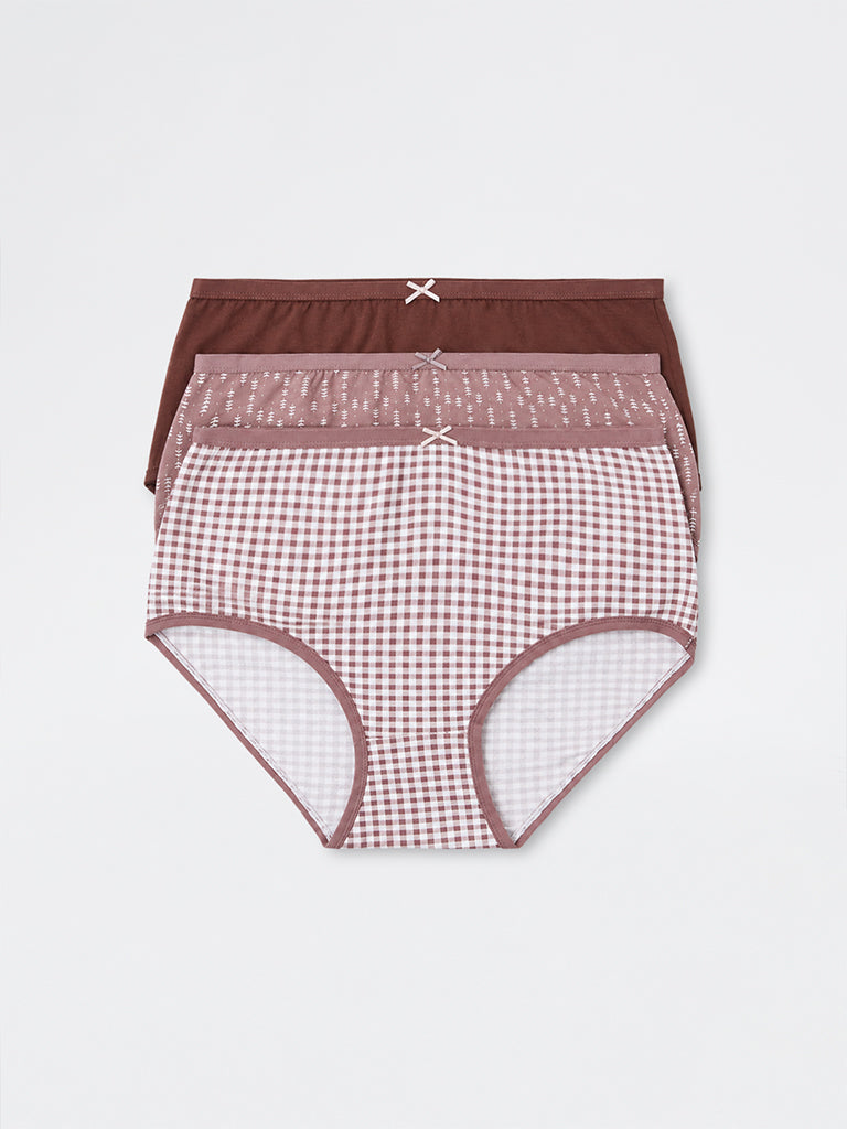 Wunderlove Dusty Mauve Checkered Cotton-Blend High-Rise Briefs - Pack of 3