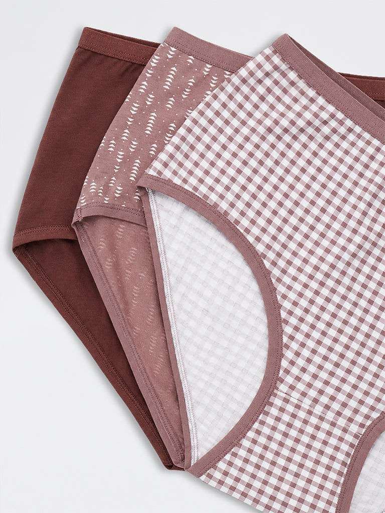 Wunderlove Dusty Mauve Checkered Cotton-Blend High-Rise Briefs - Pack of 3