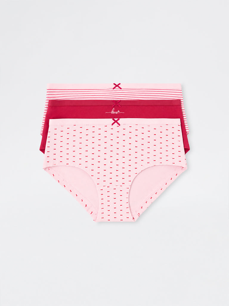 Wunderlove Pink Striped Printed Cotton-Blend Low-Rise Briefs - Pack of 3