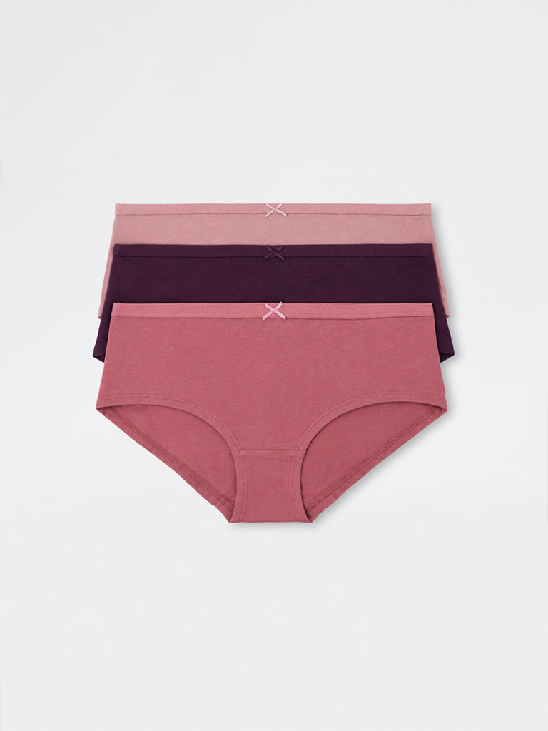 Wunderlove Dark Plum Solid Cotton-Blend Low-Rise Briefs - Pack of 3