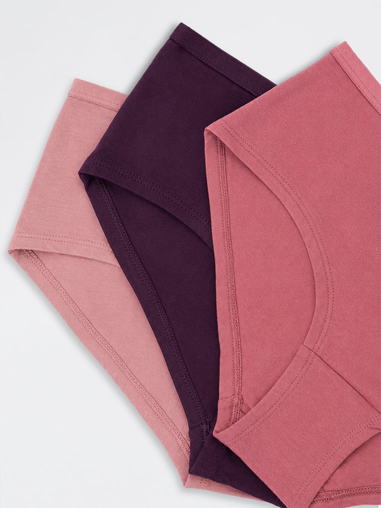 Wunderlove Dark Plum Solid Cotton-Blend Low-Rise Briefs - Pack of 3