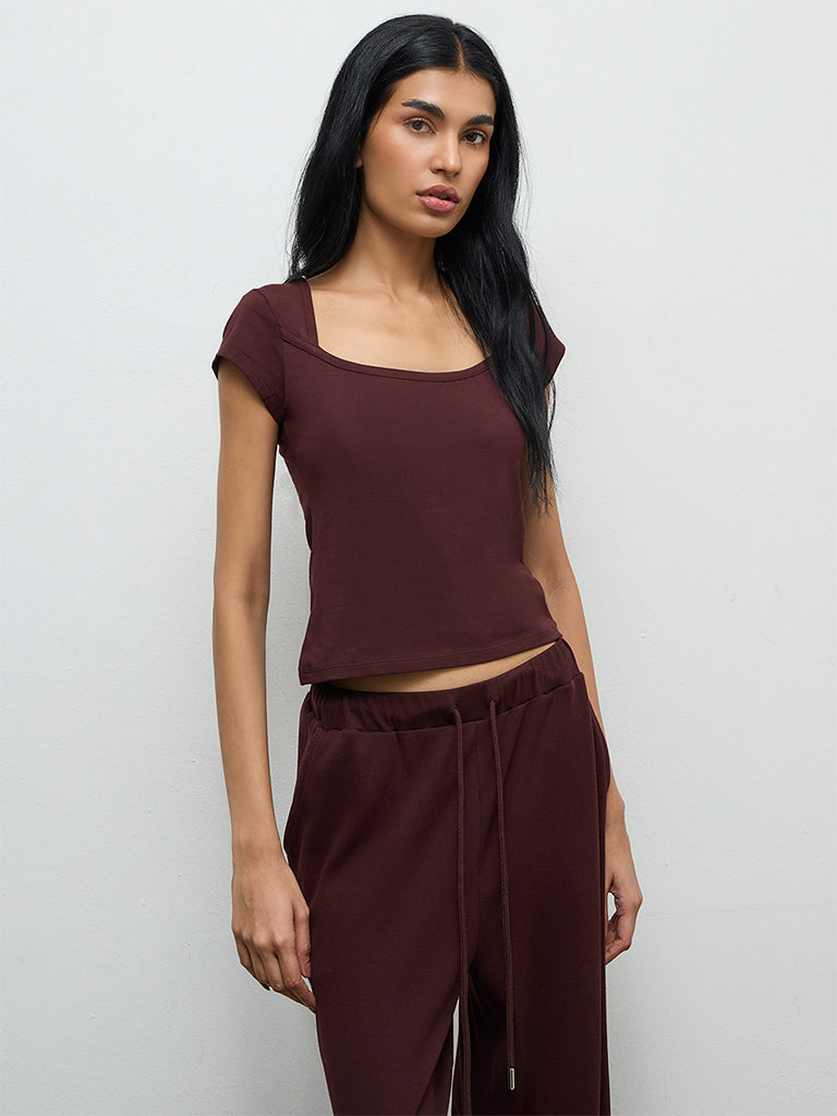 Superstar Dark Brown Solid Cotton-Blend Top