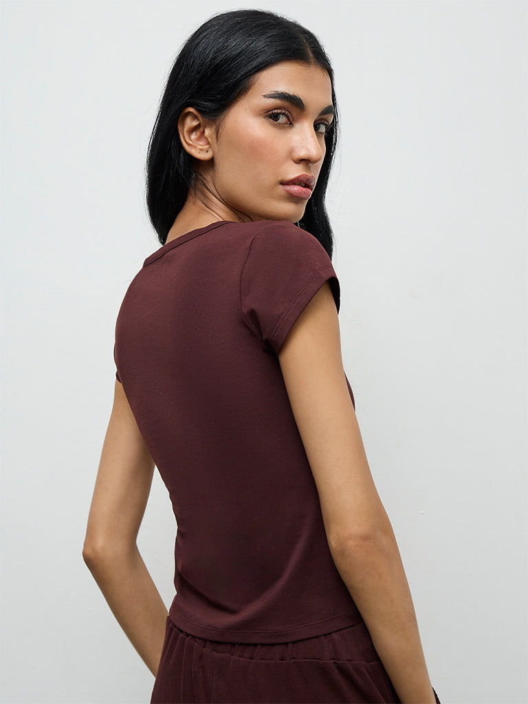 Superstar Dark Brown Solid Cotton-Blend Top