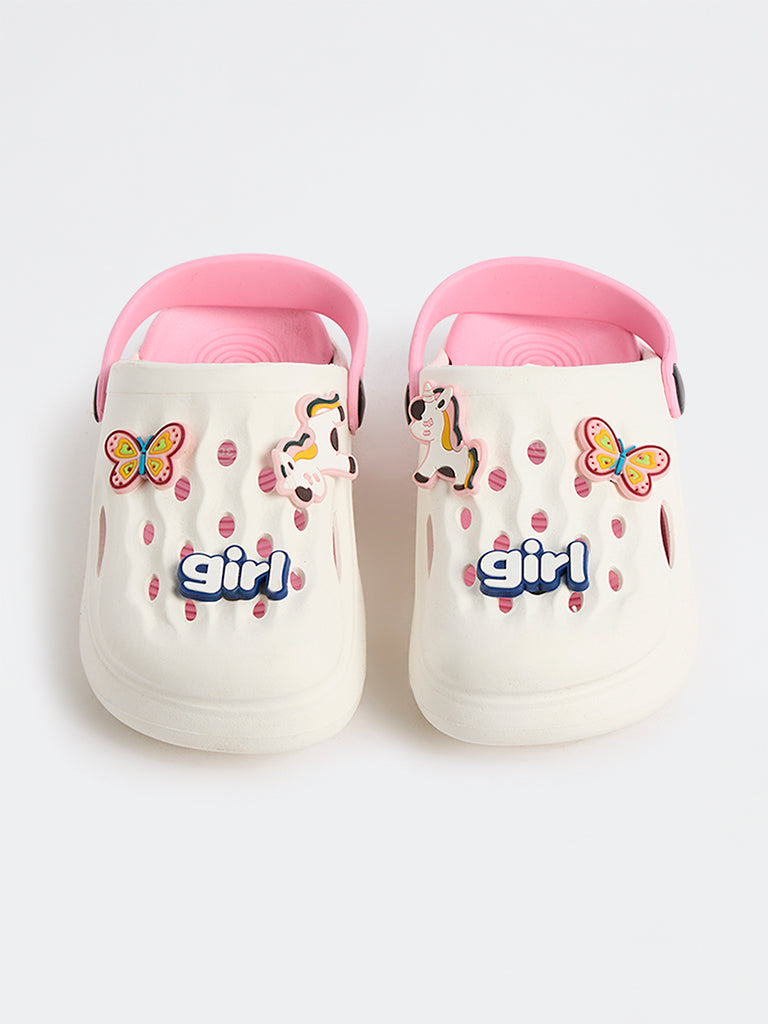 Yellow White Applique-Detail Perforated Clogs