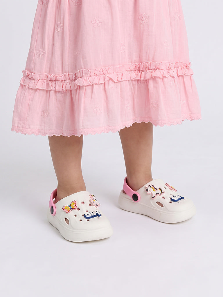 Yellow White Applique-Detail Perforated Clogs