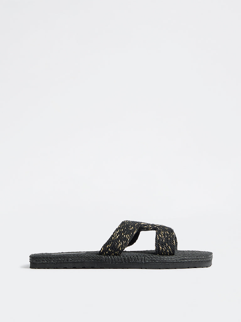 LUNA BLU Black Cut-Out Strap Woven Sandals
