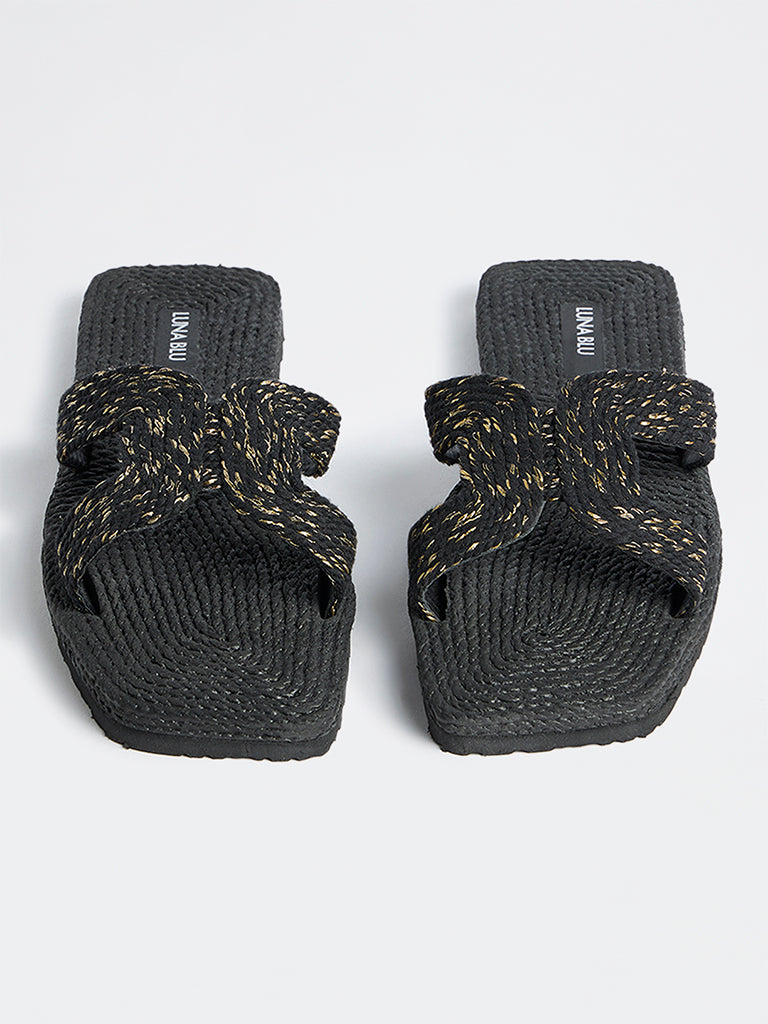 LUNA BLU Black Cut-Out Strap Woven Sandals