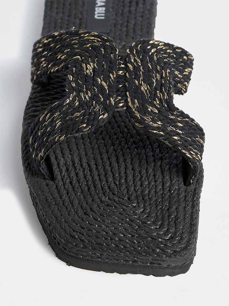 LUNA BLU Black Cut-Out Strap Woven Sandals