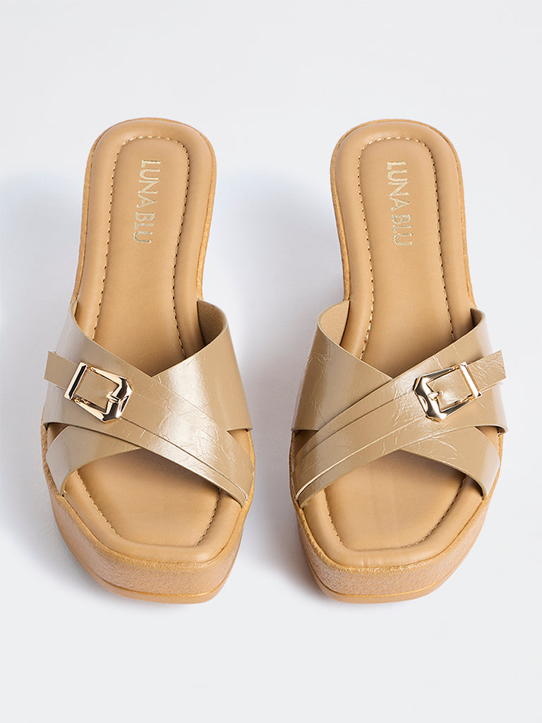 LUNA BLU Beige Criss-Cross Strap Wedge Heel Sandals