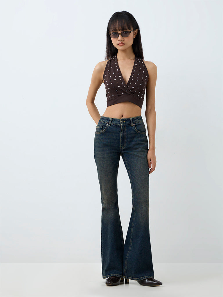 Nuon Dark Brown Eyelet-Detail Halter-Neck Top