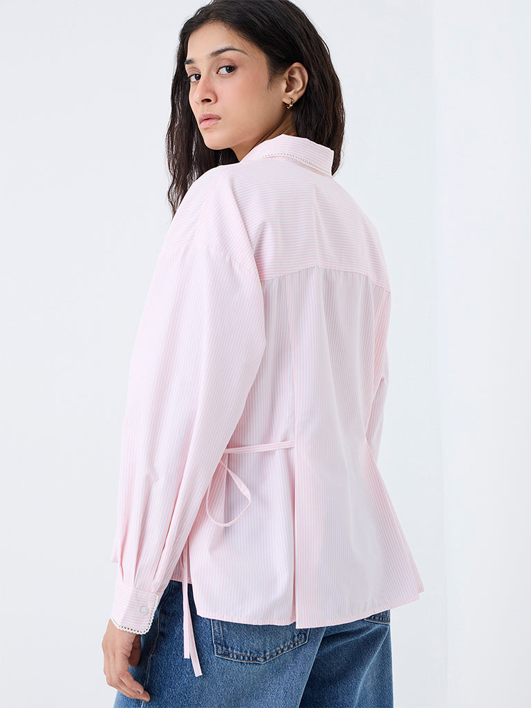 Nuon Light Pink Striped Tie-Up Detail Blouse