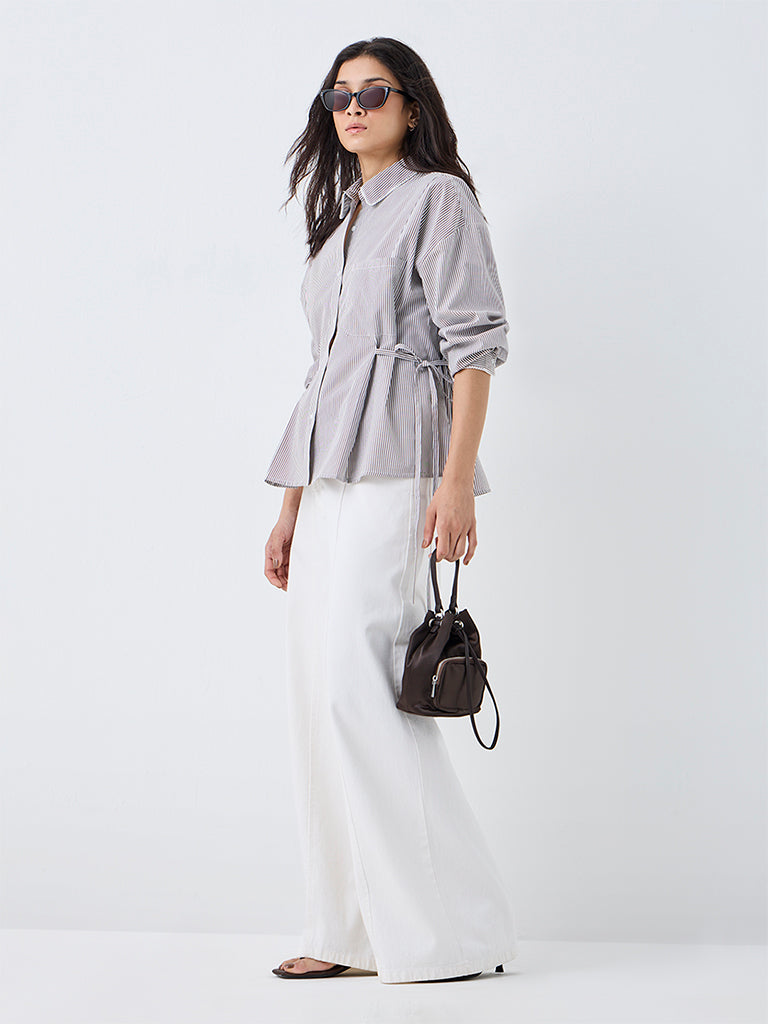 Nuon Dark Taupe Striped Tie-Up Detail Blouse