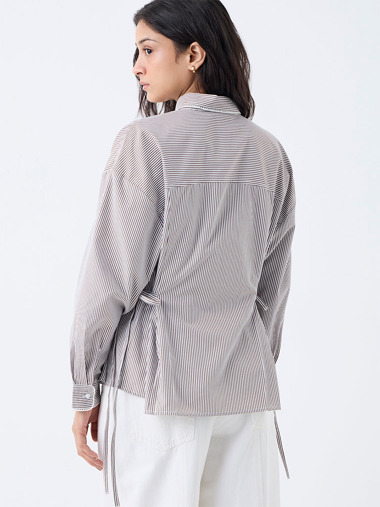 Nuon Dark Taupe Striped Tie-Up Detail Blouse