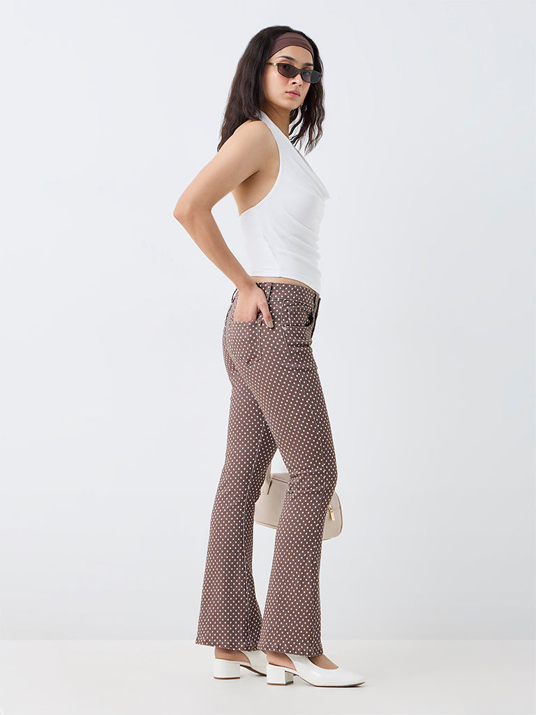 Nuon Brown High-Waist Bootcut Jeans with Polka-Dots