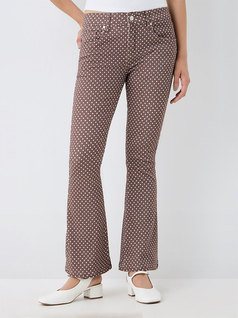 Nuon Brown High-Waist Bootcut Jeans with Polka-Dots