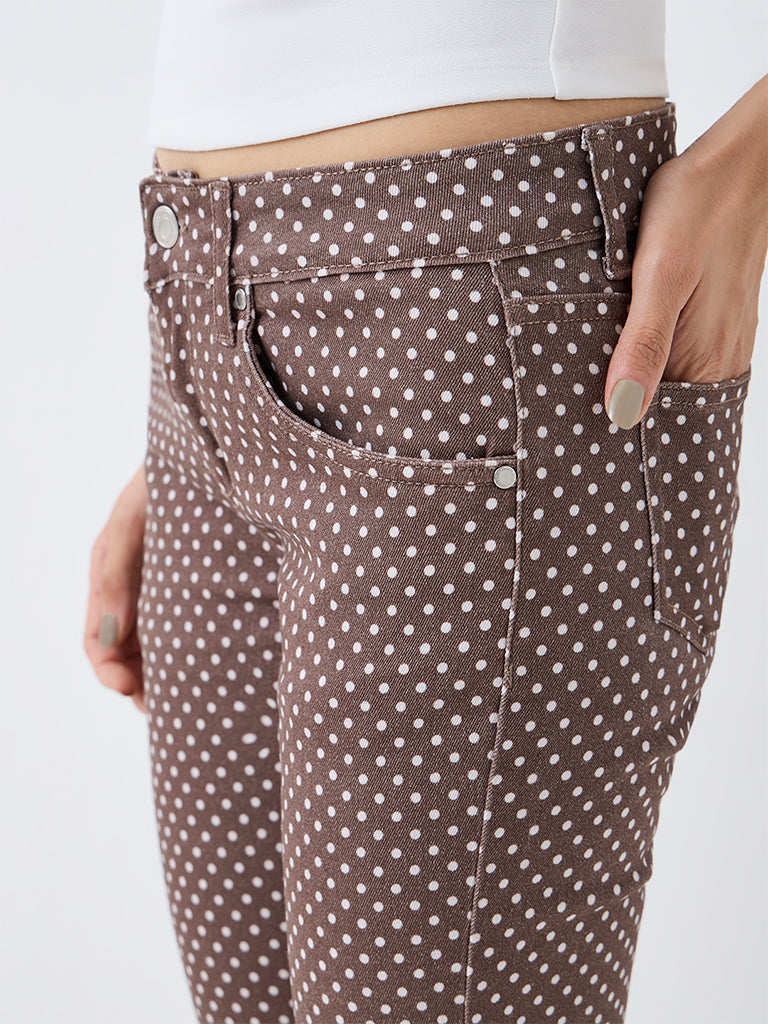 Nuon Brown High-Waist Bootcut Jeans with Polka-Dots