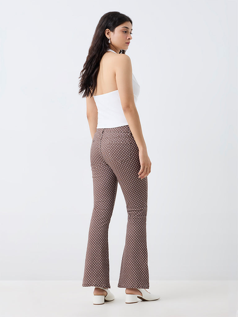 Nuon Brown High-Waist Bootcut Jeans with Polka-Dots