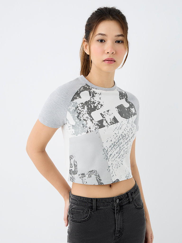 Nuon Grey Abstract Printed Cotton T-Shirt