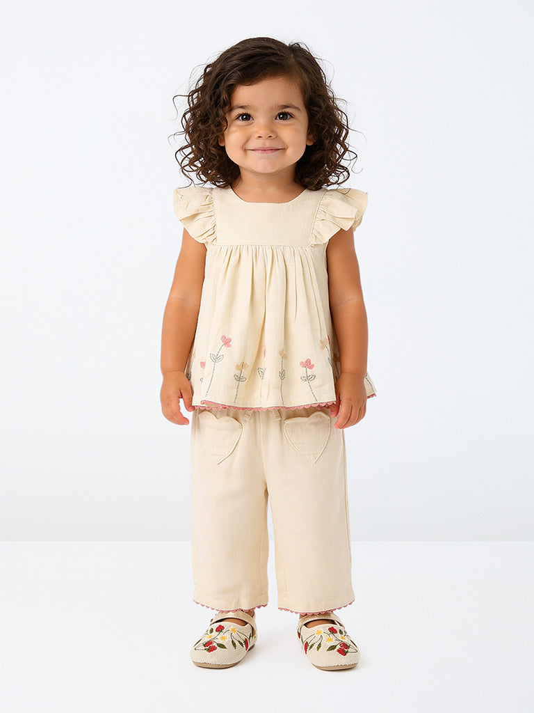 HOP Baby Girls Beige Floral Embroidered Peplum Top and Pants Set