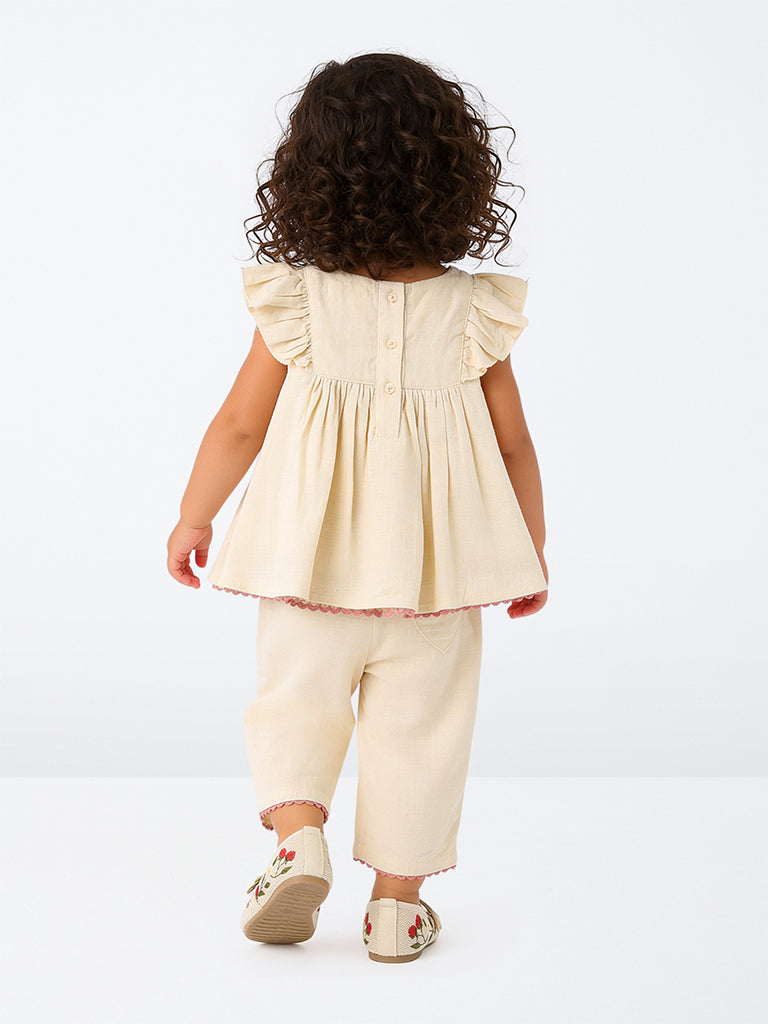 HOP Baby Girls Beige Floral Embroidered Peplum Top and Pants Set