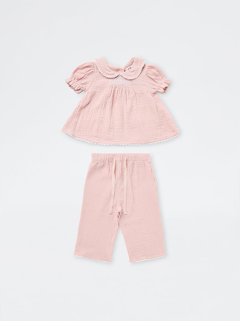 HOP Baby Girls Pink Crinkle-Textured Cotton A-Line Dress and Pants Set