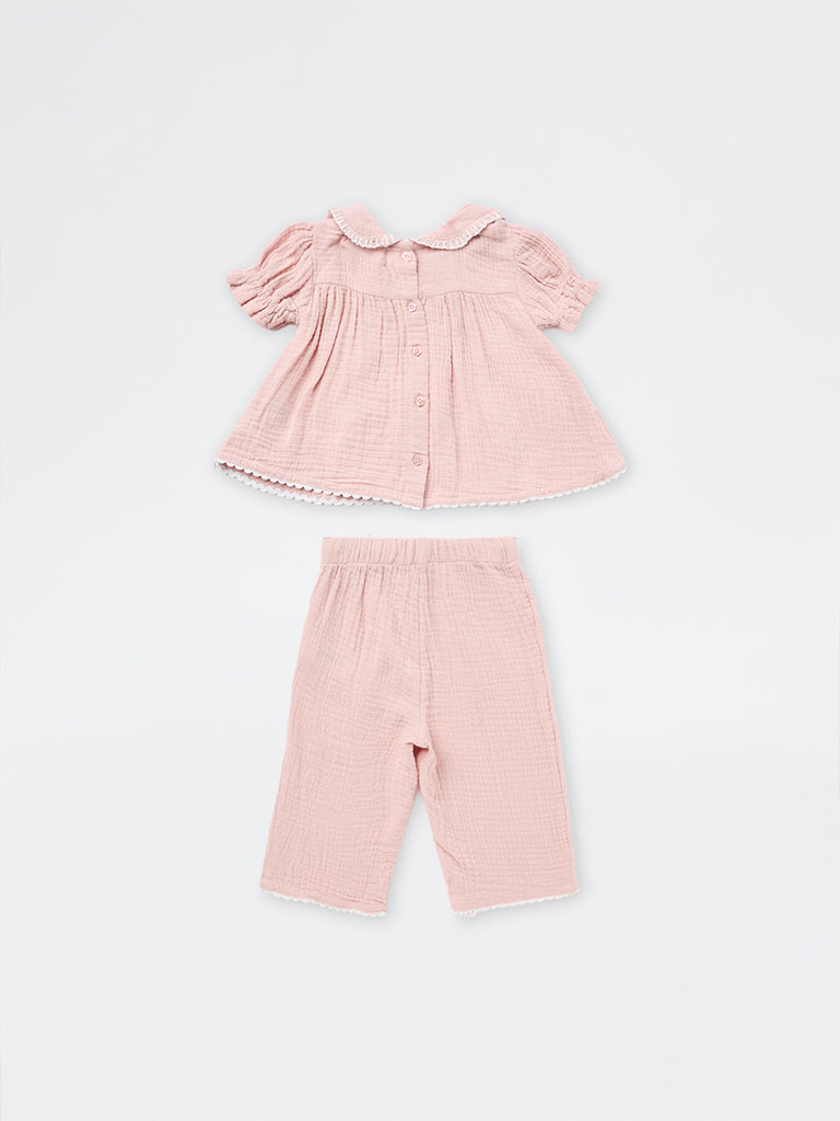 HOP Baby Girls Pink Crinkle-Textured Cotton A-Line Dress and Pants Set