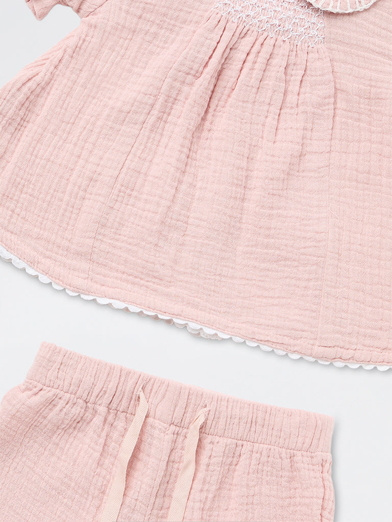 HOP Baby Girls Pink Crinkle-Textured Cotton A-Line Dress and Pants Set