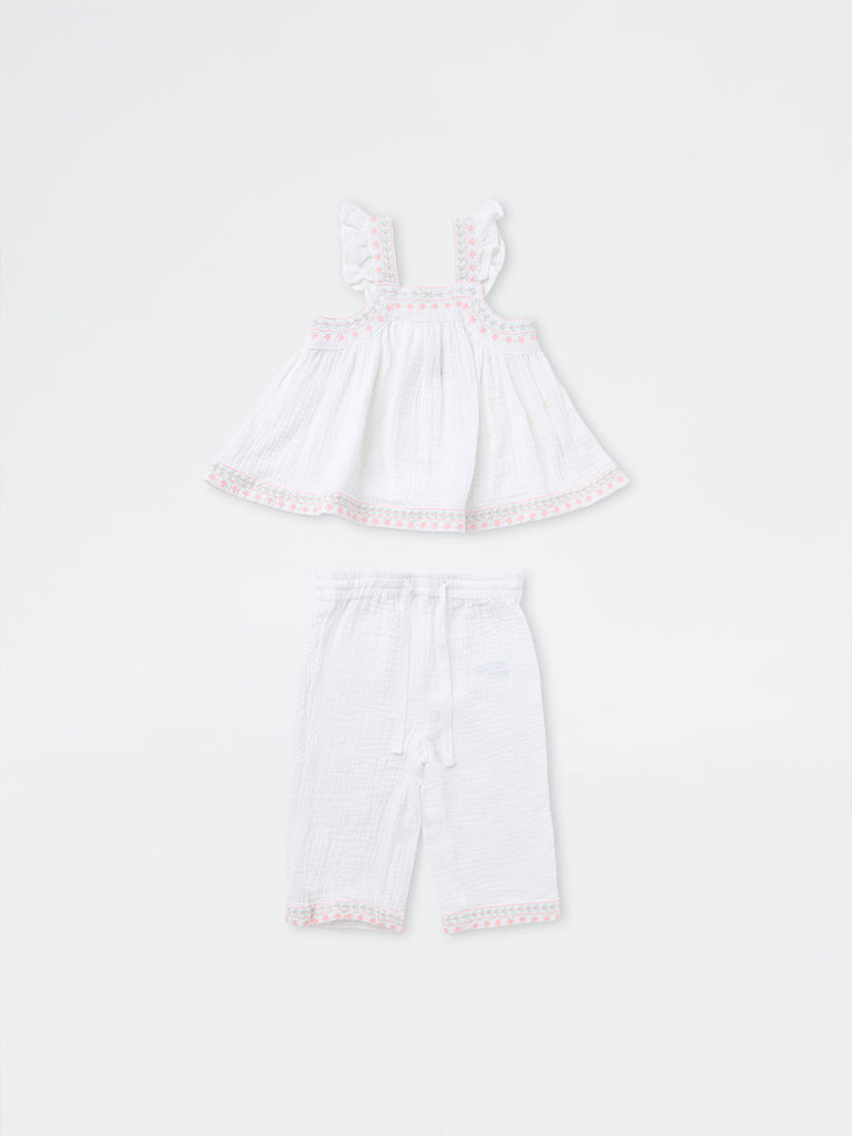 HOP Baby Girls White Floral Embroidered Cotton Top and Pants Set