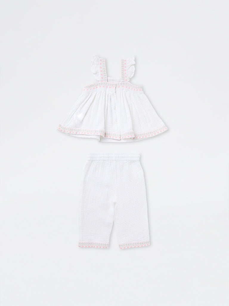 HOP Baby Girls White Floral Embroidered Cotton Top and Pants Set
