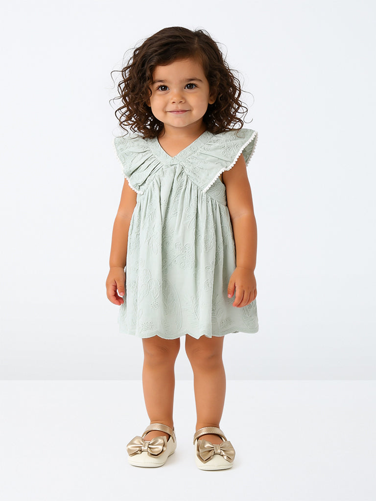 HOP Baby Girls Mint Floral Embroidered Cotton A-Line Dress