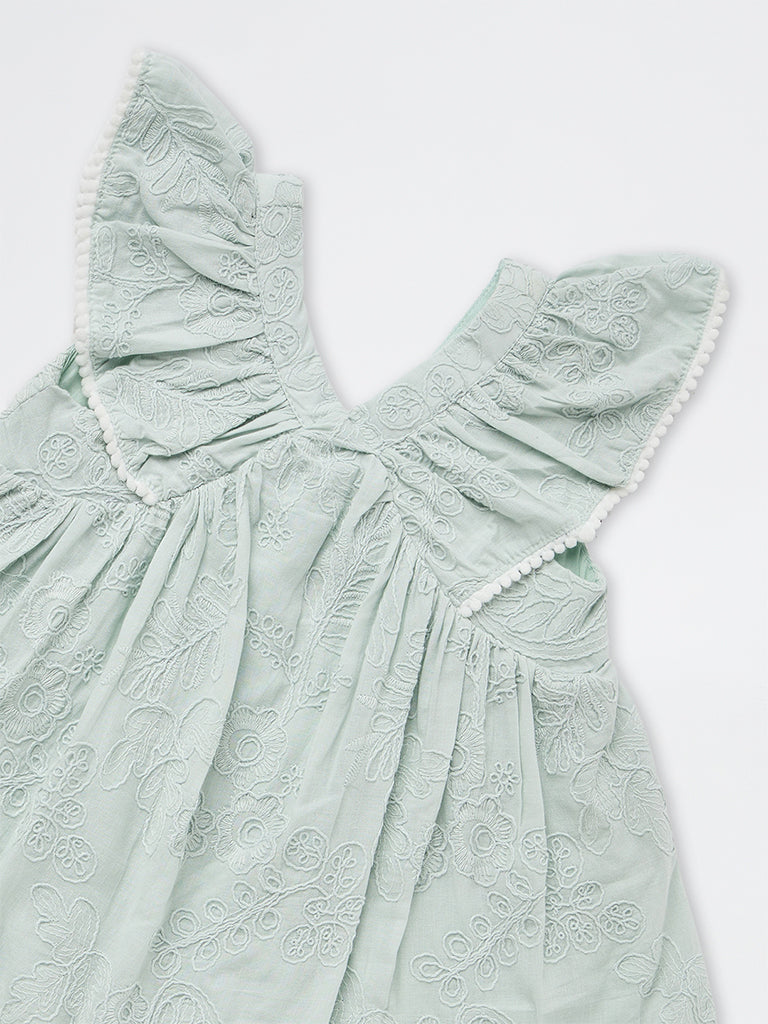 HOP Baby Girls Mint Floral Embroidered Cotton A-Line Dress