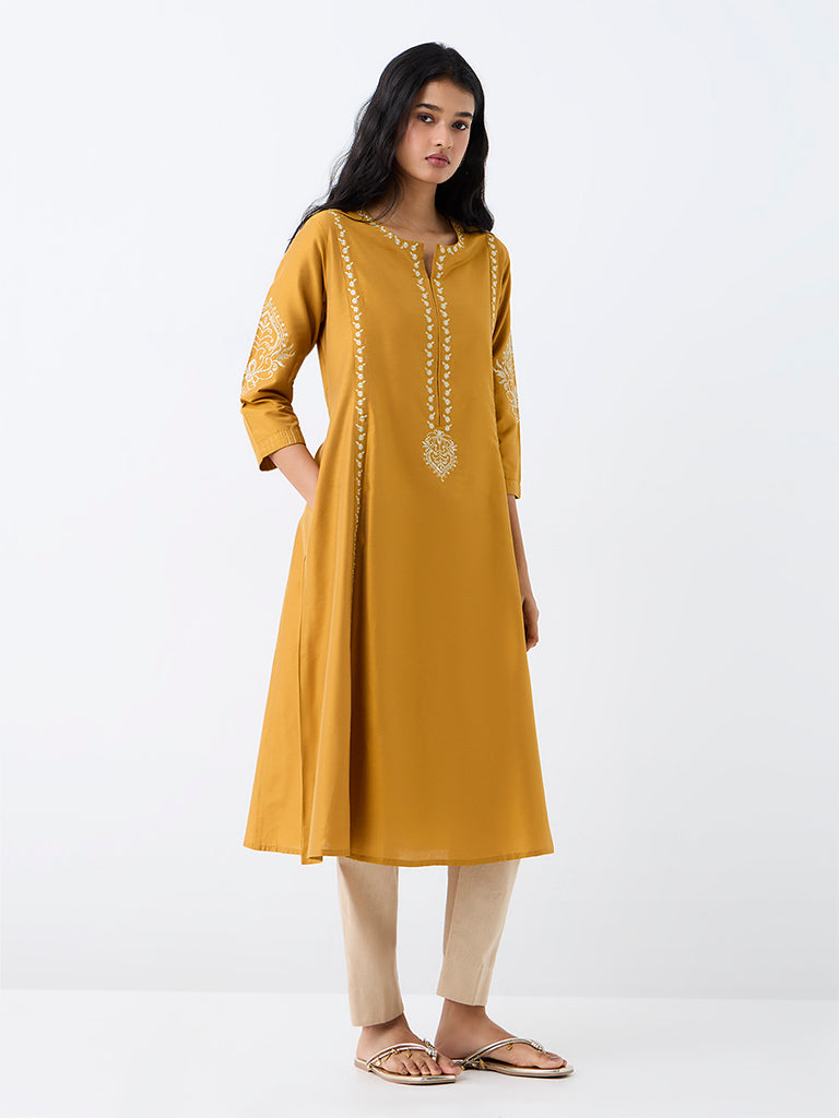 Utsa Mustard Embroidered A-Line Kurta