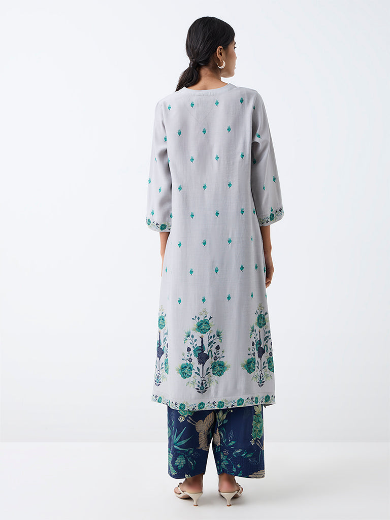 Utsa Grey Floral Pattern A-Line Kurta