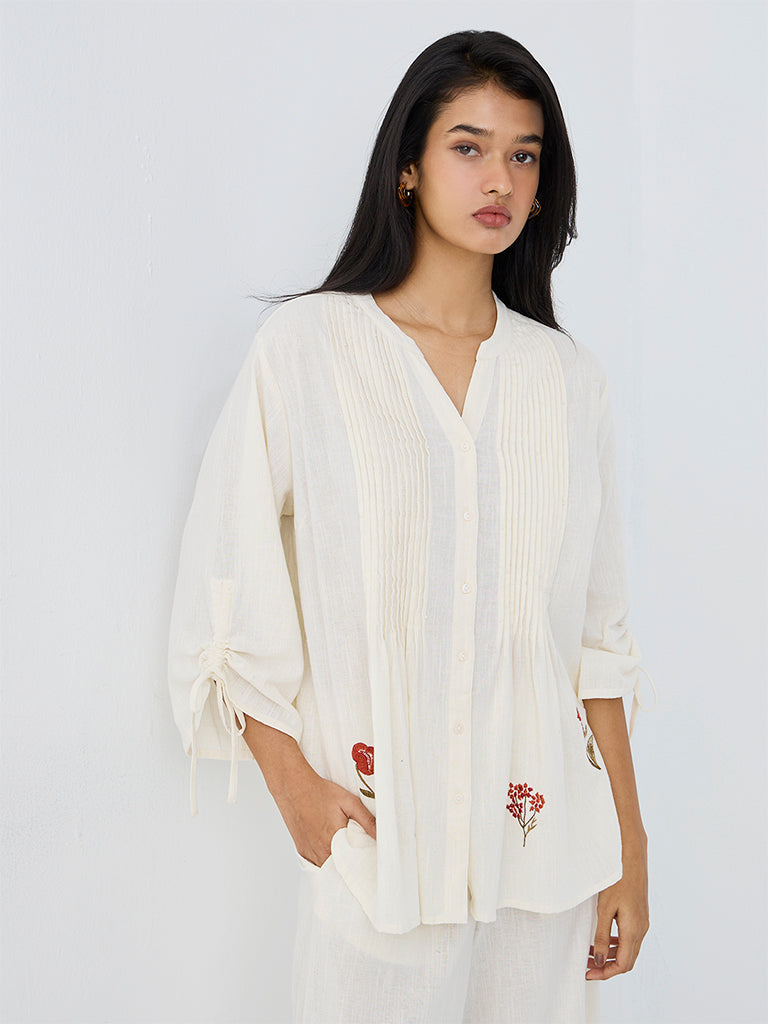 Utsa Off-White Pintuck Detailed Cotton Tunic