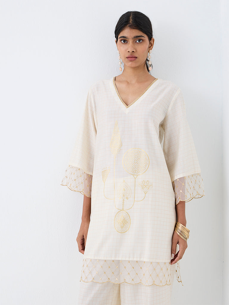 Utsa Off-White Printed A-Line Kurti