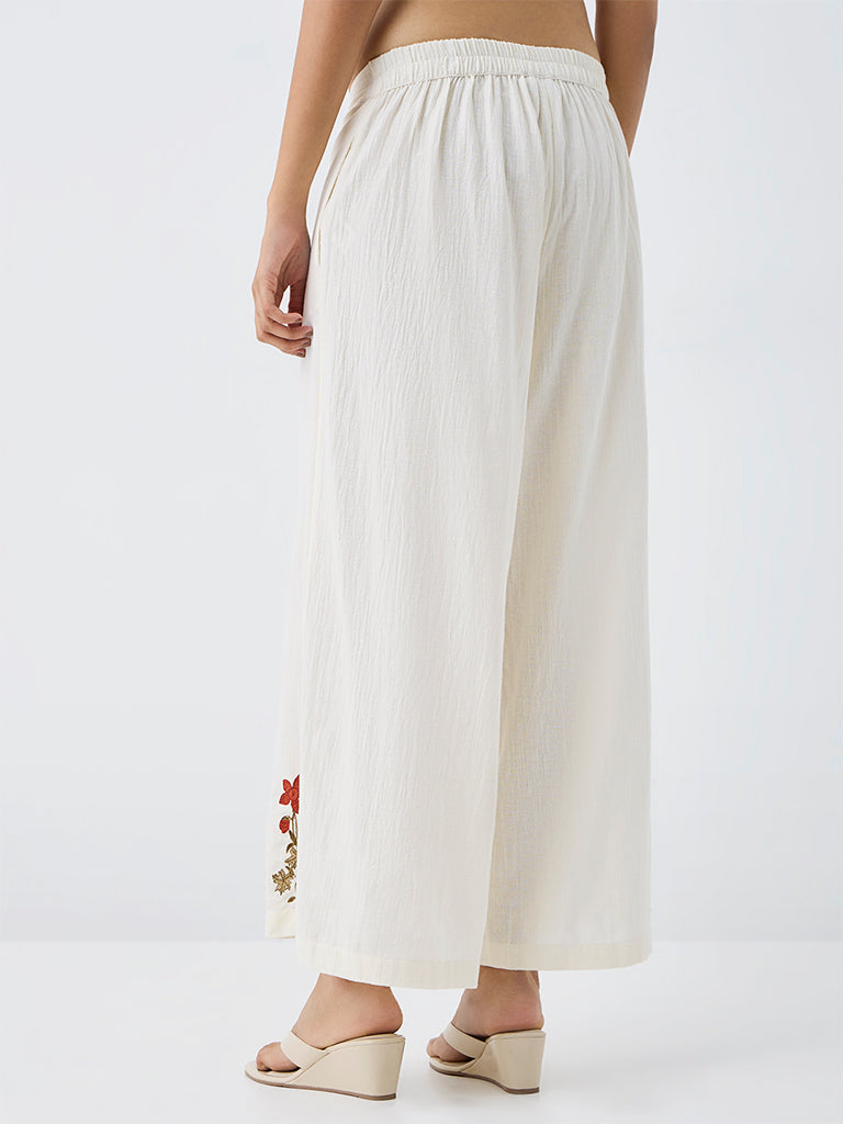 Utsa Off-White Floral Embroidered Cotton Pants