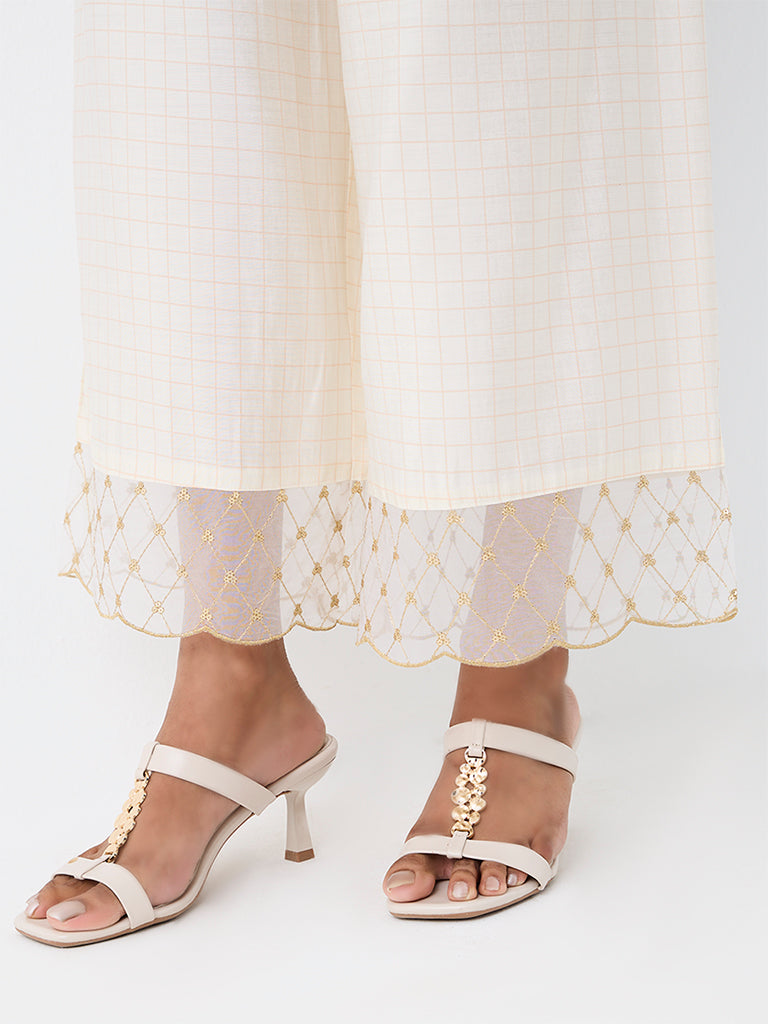 Utsa Off-White Checkered Palazzos